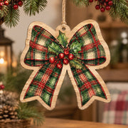 Christmas MDF Wood Hanging Wall Decor – Tartan Plaid Bow hanging wall decor with printed artwork and cut silhouette.
