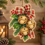 Christmas MDF Wood Hanging Wall Decor – Jingle Bell Plaid Bow hanging wall decor with printed artwork and cut silhouette.