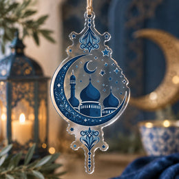 Ramadan Acrylic Hanging Wall Decor – Crescent Mosque Ornament hanging wall decor with printed artwork and cut silhouette.