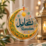 Ramadan Acrylic Hanging Wall Decor – Floral Crescent Script hanging wall decor with printed artwork and cut silhouette.