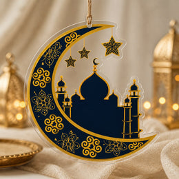 Ramadan Acrylic Hanging Wall Decor – Crescent Mosque Skyline hanging wall decor with printed artwork and cut silhouette.