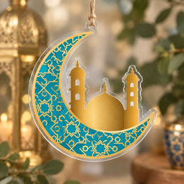 Ramadan Acrylic Hanging Wall Decor – Geometric Star Crescent hanging wall decor with printed artwork and cut silhouette.