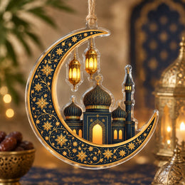 Ramadan Acrylic Hanging Wall Decor – Lantern Crescent Minaret hanging wall decor with printed artwork and cut silhouette.