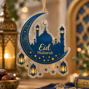 Ramadan Acrylic Hanging Wall Decor – Eid Mubarak Crescent Plaque hanging wall decor with printed artwork and cut silhouette.