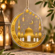 Ramadan Acrylic Hanging Wall Decor – Mosque Twin Minarets Plaque hanging wall decor with printed artwork and cut silhouette.