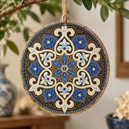 Ramadan MDF Wood Hanging Wall Decor – Blue Arabesque Medallion hanging wall decor with printed artwork and cut silhouette.