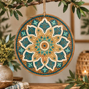 Ramadan MDF Wood Hanging Wall Decor – Golden Teal Mandala hanging wall decor with printed artwork and cut silhouette.
