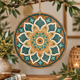 Ramadan MDF Wood Hanging Wall Decor – Golden Teal Mandala hanging wall decor with printed artwork and cut silhouette.
