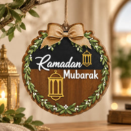 Ramadan MDF Wood Hanging Wall Decor – Mubarak Script In Wreath - MintiHome