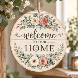 Daily MDF Wood Hanging Wall Decor – Cream Rose Wreath Welcome hanging wall decor with printed artwork and cut silhouette.