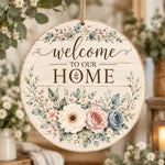 Daily MDF Wood Hanging Wall Decor – Pink Blue Bloom Welcome hanging wall decor with printed artwork and cut silhouette.