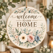 Daily MDF Wood Hanging Wall Decor – Pink Blue Bloom Welcome hanging wall decor with printed artwork and cut silhouette.