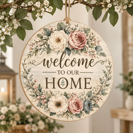 Daily MDF Wood Hanging Wall Decor – Rose Cluster Welcome hanging wall decor with printed artwork and cut silhouette.