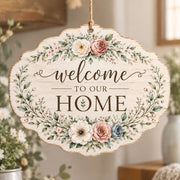 Daily MDF Wood Hanging Wall Decor – Scalloped Floral Welcome hanging wall decor with printed artwork and cut silhouette.