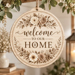 Daily MDF Wood Hanging Wall Decor – Sepia Line Art Welcome hanging wall decor with printed artwork and cut silhouette.