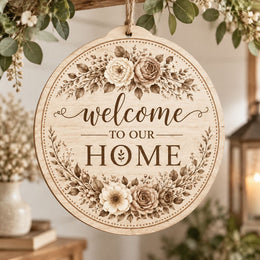 Daily MDF Wood Hanging Wall Decor – Sepia Line Art Welcome hanging wall decor with printed artwork and cut silhouette.