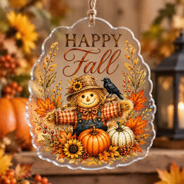 Thanksgiving Acrylic Hanging Wall Decor – Scarecrow Pumpkin Patch hanging wall decor with printed artwork and cut silhouette.