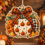 Halloween MDF Wood Hanging Wall Decor – Plaid Bow Pumpkin Stack - MintiHome