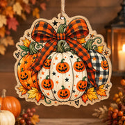 Halloween MDF Wood Hanging Wall Decor – Plaid Bow Pumpkin Stack - MintiHome