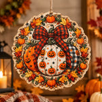 Halloween MDF Wood Hanging Wall Decor – Plaid Bow Pumpkin Wreath - MintiHome