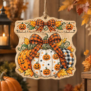 Halloween MDF Wood Hanging Wall Decor – Plaid Pumpkin Tiered Sign - MintiHome