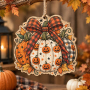 Halloween MDF Wood Hanging Wall Decor – Rust Plaid Pumpkin Cluster - MintiHome