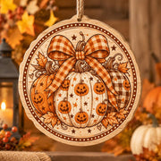 Halloween MDF Wood Hanging Wall Decor – Round Plaid Pumpkin Badge - MintiHome
