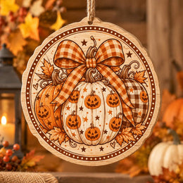 Halloween MDF Wood Hanging Wall Decor – Round Plaid Pumpkin Badge - MintiHome