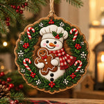 Christmas MDF Wood Hanging Wall Decor – Snowman Holly Wreath Ring hanging wall decor with printed artwork and cut silhouette.