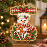 Christmas MDF Wood Hanging Wall Decor – Snowman Gingham Bow Banner hanging wall decor with printed artwork and cut silhouette.