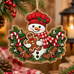 Christmas MDF Wood Hanging Wall Decor – Baker Hat Snowman Candy Cane hanging wall decor with printed artwork and cut silhouette.