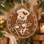 Christmas MDF Wood Hanging Wall Decor – Wood Tone Snowman Medallion hanging wall decor with printed artwork and cut silhouette.