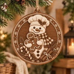 Christmas MDF Wood Hanging Wall Decor – Wood Tone Snowman Medallion hanging wall decor with printed artwork and cut silhouette.