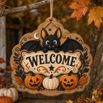 Welcome Halloween MDF Wood Hanging Wall Decor – Bat Pumpkin hanging wall decor with printed artwork and cut silhouette.