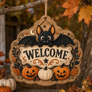 Welcome Halloween MDF Wood Hanging Wall Decor – Bat Pumpkin hanging wall decor with printed artwork and cut silhouette.