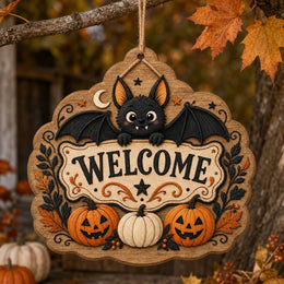 Welcome Halloween MDF Wood Hanging Wall Decor – Bat Pumpkin hanging wall decor with printed artwork and cut silhouette.