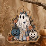 Whimsical Halloween Ghost MDF Wood Hanging Wall Decor – Pumpkin hanging wall decor with printed artwork and cut silhouette.