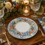 Wildflower Meadow Wedding Decorative Plastic Plate – Blue Border full-print plastic serving tray shown in a styled room scene.