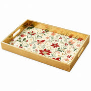 Christmas Poinsettia Holly Glass Serving Tray with Gold Frame, 40x30cm - MintiHome