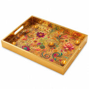 Diwali Floral Paisley Tray with Lotus & Diyas - Gold Frame - Minti Home - MintiHome