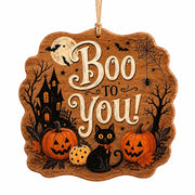 Halloween Boo to You MDF Hanging Sign – Pumpkin Ghost Cat Design - MintiHome
