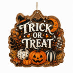Halloween Trick or Treat Hanging Wall Decor – Rustic Wood Moon Sign - MintiHome