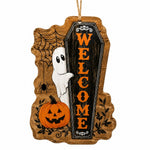 Halloween Welcome Coffin Hanging Wall Decor – Rustic Wood Ghost Sign - MintiHome