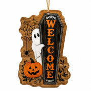Halloween Welcome Coffin Hanging Wall Decor – Rustic Wood Ghost Sign - MintiHome