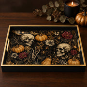 Halloween Ghost Serving Tray, Black Gold Frame, White Botanical - MintiHome