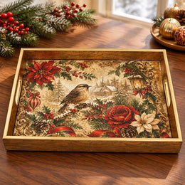 Winter Bird and Snowy Village Christmas Glass Tray with Gold Rim - MintiHome