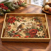 Poinsettia Berry Vine Christmas Glass Serving Tray with Gold Rim - MintiHome