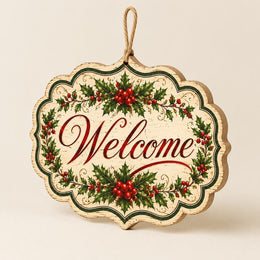 Vintage Welcome to Christmas Wooden Sign with Holly and Pine - MintiHome