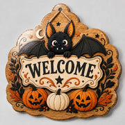 Welcome Halloween MDF Wood Hanging Wall Decor – Bat Pumpkin - MintiHome