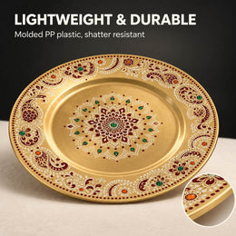 Diwali Heritage Mandala Charger Plate – Maroon & Jade Gold Electroplated Decorative Plate - MintiHome